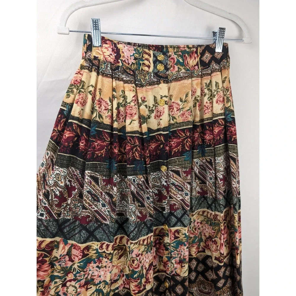Vintage 90s Floral Paisley Patchwork Maxi Skirt Size S Button Cottage Hippie Y2K